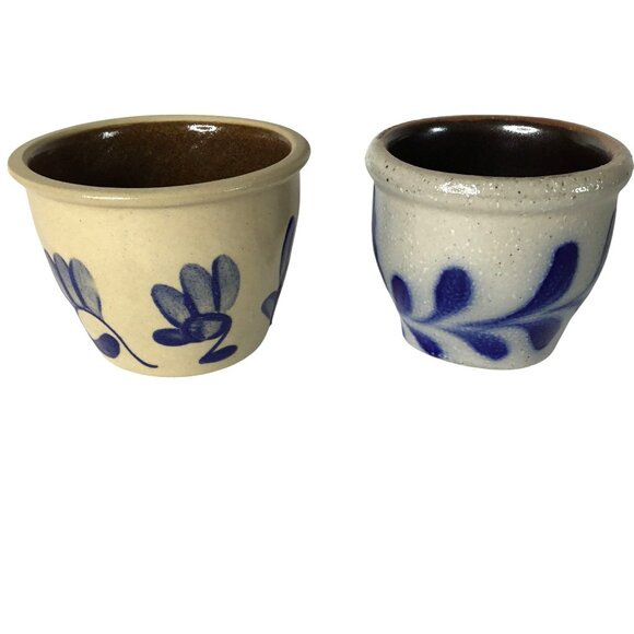 Salt Glaze Stoneware Crocks Set of 2 Hand Painted Cobalt Blue Folk Art Pottery - Picture 1 of 10